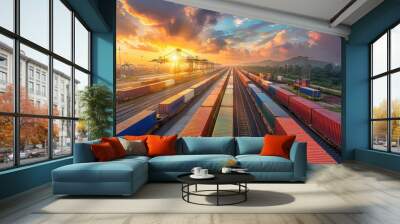 Container train at sunset in port. Perfect for illustrating global trade and transportation. Wall mural