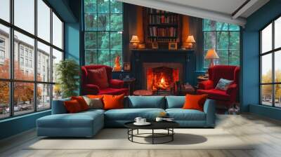 Cozy living room with fireplace and bookshelves. Perfect for showcasing themes of warmth, comfort, and home. Wall mural