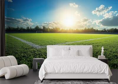 Green grass soccer field with white line. This photo can be used for sports-related content, such as websites, blogs, or social media posts. Wall mural