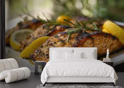 Grilled salmon with lemon slices. Perfect for showcasing healthy, delicious food. Wall mural