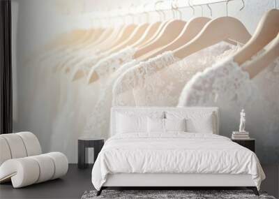 Row of white lace wedding gowns. Perfect for wedding-related projects or depicting elegance. Wall mural