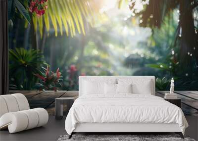 Wooden plank on tropical background. Perfect for showcasing products or creating a serene, natural scene. Wall mural