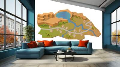 Isometric rock mountain with lake, river and house. Wall mural