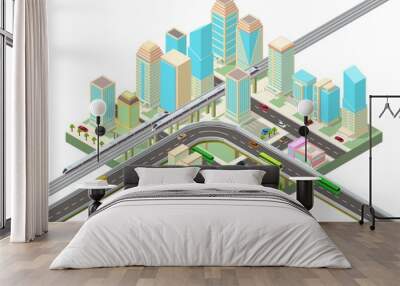 isometric Smart city with skyscrapers, highway and transport Wall mural