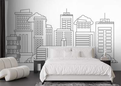 Black and white city building line art vector icon design illustration template background City landscape line urban skyline with cloud, building, cityscape hand sketch, flat houses Wall mural