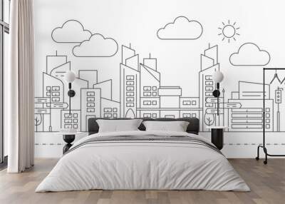 Black and white city building outline illustration background Wall mural