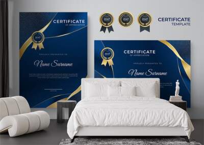 Blue and gold certificate template. Modern blue certificate award or diploma template set of two, portrait and landscape design in A4 size. Suit for business, education, award and more Wall mural