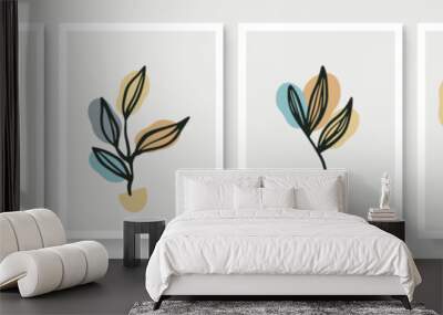 Botanical wall art vector set. Earth tone boho foliage line art drawing with abstract shape. Abstract Plant Art design for print, cover, wallpaper, Minimal and natural wall art. Wall mural