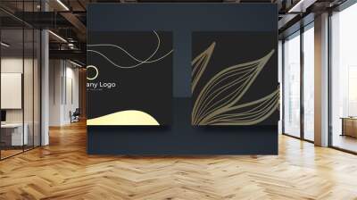 Business card - gold floral frame and leaves nature gold aesthetic lines on dark black background Wall mural