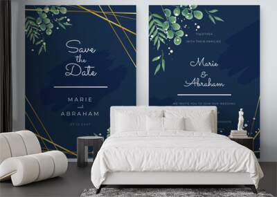 Classic blue and gold wedding set with hand drawn watercolor background. Set of card with flower leaves. Wedding navy blue and gold concept. Floral poster, invite. Vector decorative greeting card Wall mural