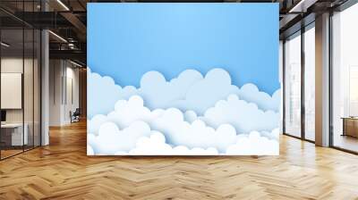 Clouds on blue sky banner. White cloud on blue sky in paper cut style. Clouds on transparent background. Vector paper clouds.White Cloud on blue sky paper cut design. Vector paper art illustration Wall mural