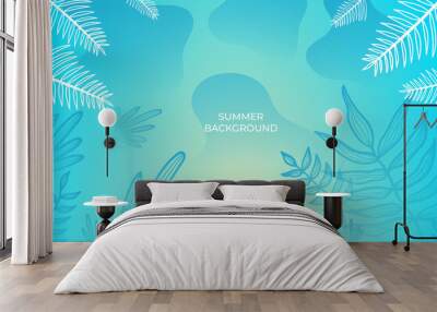 Colourful minimal summer background with flowers and tropical summer leaf. Luxury minimal style wallpaper with golden line art flower and botanical leaves, Organic shapes. Summer sale banner vector Wall mural