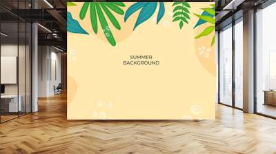 Colourful minimal summer background with flowers and tropical summer leaf. Luxury minimal style wallpaper with golden line art flower and botanical leaves, Organic shapes. Summer sale banner vector Wall mural