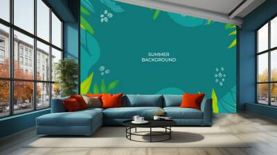 Colourful minimal summer background with flowers and tropical summer leaf. Luxury minimal style wallpaper with golden line art flower and botanical leaves, Organic shapes. Summer sale banner vector Wall mural