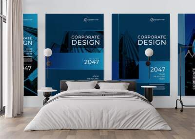 Dark modern blue borporate business presentation guide brochure template, Annual report, 16 page minimalist flat geometric business brochure design template, A4 size. Wall mural