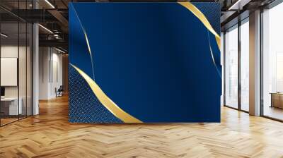 Dark navy blue and gold curve shapes on background with glowing golden striped lines and glitter. Luxury and elegant. Abstract template design. Design for presentation, banner, cover. Wall mural