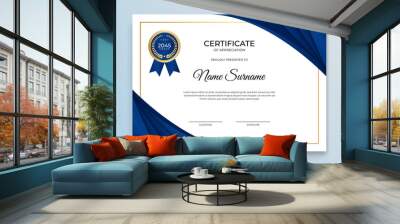 Elegant blue and gold diploma certificate template. Blue and gold Certificate of achievement template set Background with gold badge and border. Award diploma design blank. Vector Illustration Wall mural