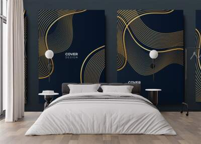 Elegant luxury black and gold cover design background with abstract lines. Modern black stripe cover design set. Luxury creative gold dynamic diagonal line pattern for business, invitation, wedding Wall mural