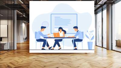 Flat vector business technology cloud computing service concept and with developer team working concept. Flat office worker with marketing, collaboration, finance, and IT meeting using laptop Wall mural