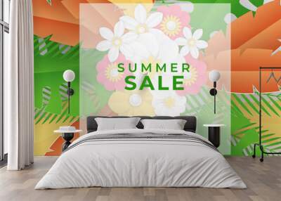 Green summer tropical background with exotic palm leaves and hibiscus flowers. Vector floral background. Sale banner or flyer template. Wall mural