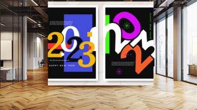 Happy New Year 2023 posters collection in flat style. Greeting card template with colourful graphics and typography. Creative concept for banner, flyer, cover, social media. Vector illustration. Wall mural