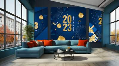 happy new year 2023 square post card background for social media template. blue and gold 2023 new ye Wall mural