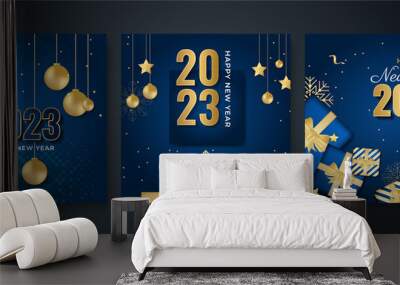 Happy new year 2023 square post card background for social media template. Blue and gold 2023 new year winter holiday greeting card template. Minimalistic trendy banner for branding, cover, card. Wall mural