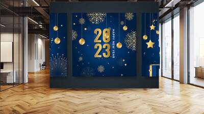 Happy new year 2023 square post card background for social media template. Blue and gold 2023 new year winter holiday greeting card template. Minimalistic trendy banner for branding, cover, card. Wall mural