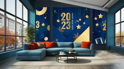 Happy new year 2023 square post card background for social media template. Blue and gold 2023 new year winter holiday greeting card template. Minimalistic trendy banner for branding, cover, card. Wall mural