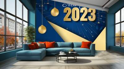 Happy new year 2023 square post card background for social media template. Blue and gold 2023 new year winter holiday greeting card template. Minimalistic trendy banner for branding, cover, card. Wall mural