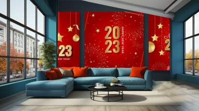 Happy new year 2023 square post card background for social media template. Red and gold 2023 new year winter holiday greeting card template. Minimalistic trendy banner for branding, cover, card. Wall mural