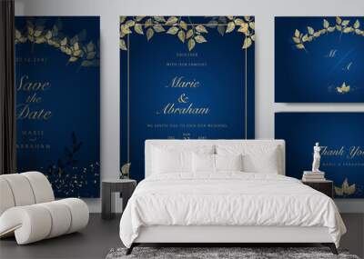 Modern elegant golden blue wedding invitation design template Wall mural