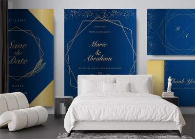 Modern elegant golden blue wedding invitation design template Wall mural