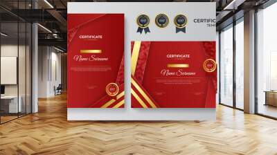 Modern red certificate template and border, for award, diploma, and printing. Red and gold elegant certificate of achievement template with gold badge and border Wall mural