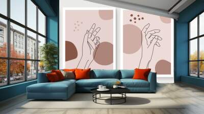 Mystic boho doodle set. Magic simple line logo icons with hands, crystals, moon, sun, stars. Bohemian posters, modern vector illustration Wall mural