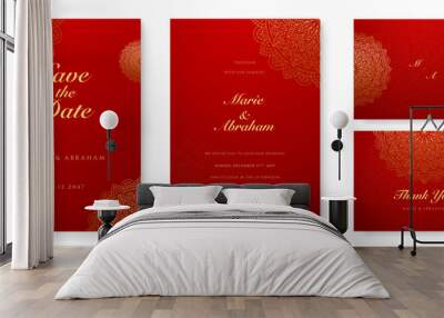 Royal red wedding invitation card design with golden mandala and abstract pattern Wall mural