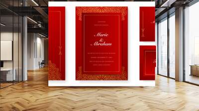 Royal red wedding invitation card design with golden mandala and abstract pattern Wall mural