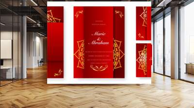 Royal red wedding invitation card design with golden mandala and abstract pattern Wall mural