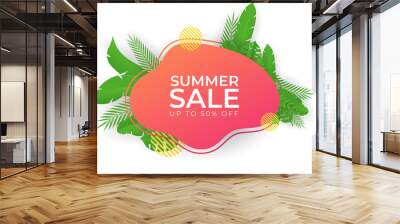 Sale banner with green summer palm leaves. Sale promotional material vector illustration. Design for social media banner, poster, email, newsletter, ad, leaflet, placard, brochure, flyer, web sticker Wall mural