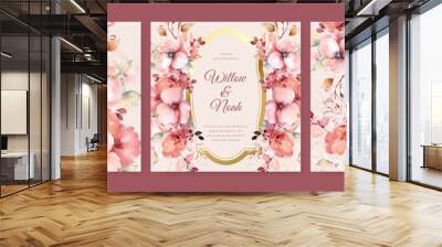 Spring Flower watercolor Wedding Invitation set, floral invite thank you, rsvp modern card Design leaf greenery branches with blue background decorative Vector elegant rustic template Wall mural