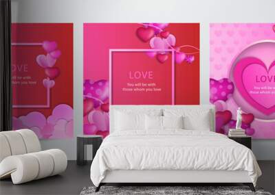 Valentines day concept square greeting card in paper cut realistic style Wall mural