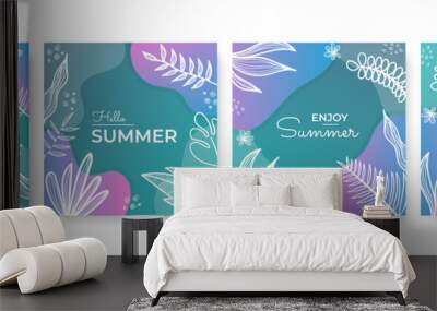 Vector set of colourful social media stories design templates, backgrounds with copy space for text - summer landscape. Summer background with leaves and waves Wall mural