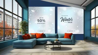 Winter christmas sale post square social media template. Winter sale banner with trees, ribbon, snowflakes and text. design of flyers with discount offers and special seasonal retail promotion. Wall mural