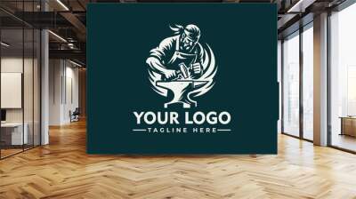 blacksmith vector logo design features a blacksmith in a pose that shows his skill and tenacity in his work Wall mural