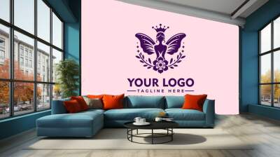 Butterfly Woman Logo Design - Symbolizing the beauty of creation, this creative logo elegantly combines elements of a lotus flower and a stylized butterfly with a woman silhouette at the center. Wall mural