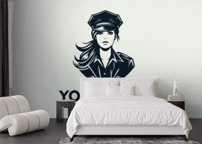 Female police officer vector logo with long hair, wearing uniform and hat. Female police officer in uniform and hat, with long hair. Perfect for law enforcement, diversity, and careerrelated designs Wall mural