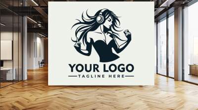 Woman with long hair wearing headphones vector logo Woman with long hair and headphones listening to music in a stylish dress. Suitable for music or fashionrelated concepts. Wall mural