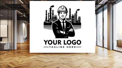 Worker in hard hat stands arms crossed in front of industrial plant vector logo Industrial worker in hard hat stands confidently in front of factory. Suitable for construction, engineering, manufactur Wall mural