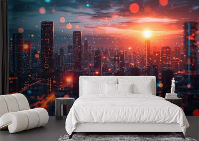 Futuristic cityscape with blockchain nodes Wall mural