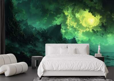 A Dramatic Landscape of Green Skies, Rocky Cliffs, and Crashing Waves Wall mural